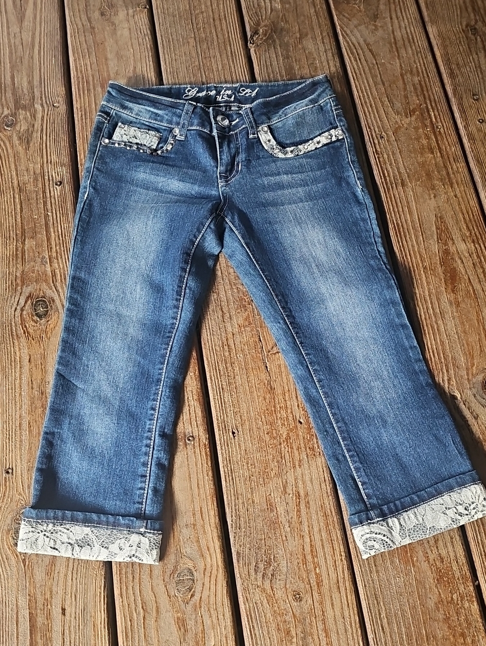 Grace in LA Blue Cropped Jeans with Lace Trim